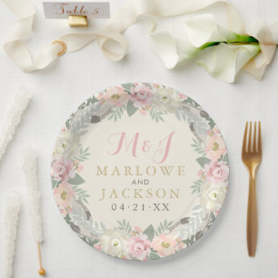 Elfenbein-Rosa und Gold Blumen Boho Hochzeitsmonog Pappteller