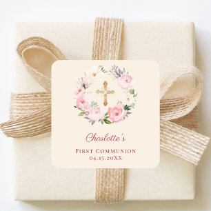 Elfenbein-Rosé-Blumenkranz Erste Kommunion Quadratischer Aufkleber