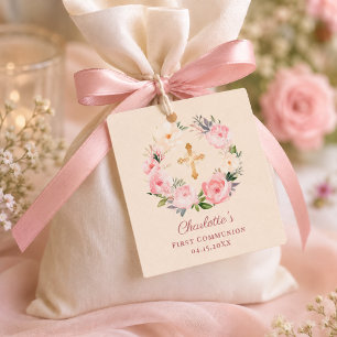 Elfenbein-Rosé-Blumenkranz First Communion DIY Geschenkanhänger