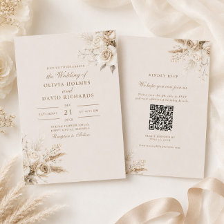 Elfenbein-Rosen Champagner-Beige QR-Code RSVP Hoch Einladung