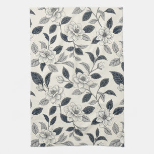 Elfenbein-Rosen-Midnight-Navy-Marmor-Botanik Geschirrtuch
