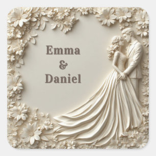 🤍 Elfenbein-Rosenrahmen-Hochzeitspaar-Silhouette Quadratischer Aufkleber