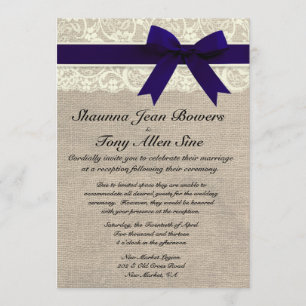 Elfenbein-Spitze-Navy-Blau-Jute-Hochzeitsempfang Einladung