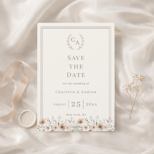 Elfenbein-Taupe-Monogramm-Blumenkranz-Hochzeit Save The Date