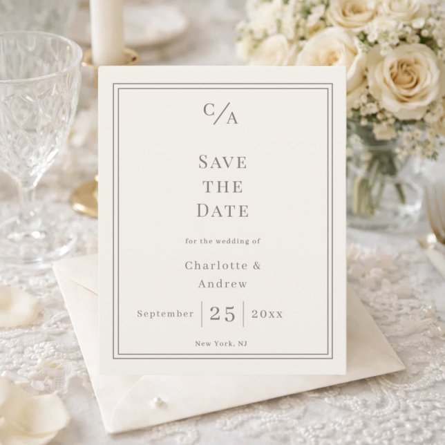 Elfenbein-Taupe-Monogramm-Hochzeit 'Save the Date' Flyer (Von Creator hochgeladen)