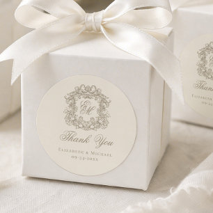 Elfenbein-Taupe-Monogramm-Hochzeitswappen-Dankesch Runder Aufkleber