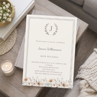 Elfenbein-Taupe-Monogramm-Kranz-Blumen-Geburtstag Einladung