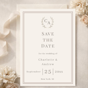 Elfenbein-Taupe-Monogramm-Kranz-Hochzeit Save The Date