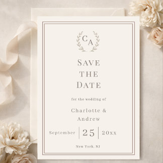 Elfenbein-Taupe-Monogramm-Kranz-Hochzeit Save The Date