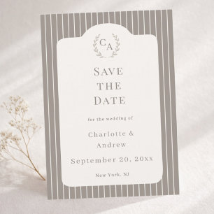 Elfenbein-Taupe-Neutrale gestreifte Hochzeit Save The Date