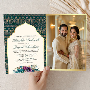 Elfenbein Teal Pfau Blumenmuster Indische Hochzeit Einladung
