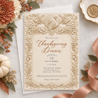 Elfenbein Truthahn Schrift Thanksgiving Dinner Einladung