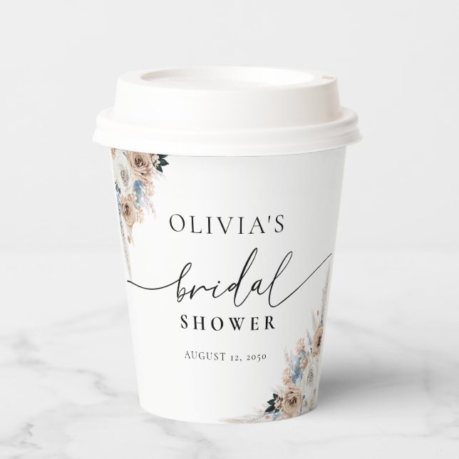 Elfenbein und blauer Boho Brautparty Paper Cup Pappbecher (Vorderseite)
