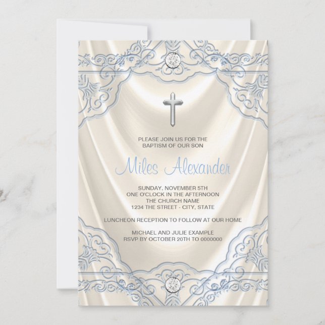 Elfenbein und Blauer Taufe Christening Einladung (Vorderseite)