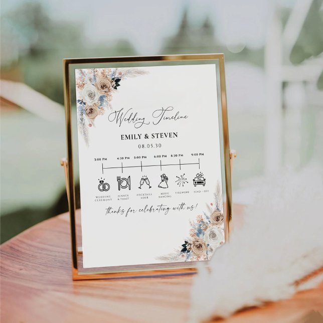 Elfenbein und Blue Boho Wedding Timeline-Zeichen Sockelschild (Von Creator hochgeladen)