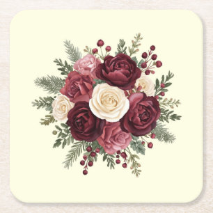 Elfenbein und Burgunder Blumen Hochzeit Rechteckiger Pappuntersetzer