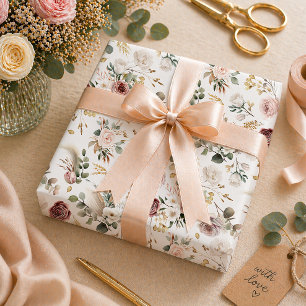 Elfenbein- und Burgunder-Blumen-Hochzeitsdusche Geschenkpapier