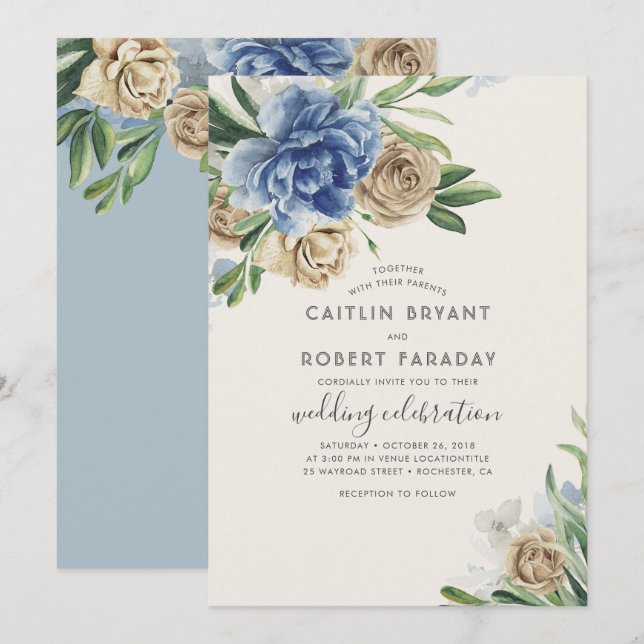 Elfenbein und Dusty Blue Floral Rustic Country Wed Einladung (Vorne/Hinten)