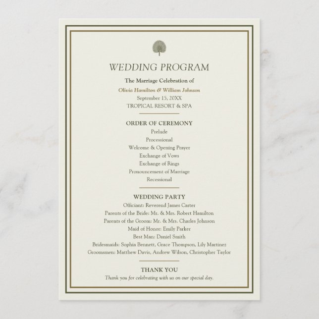 Elfenbein- und Goldpalmen-Hochzeitsprogramm Programm (Vorderseite)