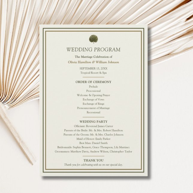 Elfenbein- und Goldpalmen-Hochzeitsprogramm Programm (Ivory & Gold Palm wedding program with personalized ceremony order and wedding party details)