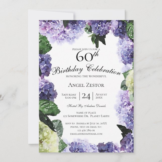 Elfenbein und Lila Hydrangeas | Weißer 60. Geburts Einladung (Vorderseite)