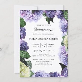 Elfenbein und Lila Hydrangeas | White Quinceañera Einladung