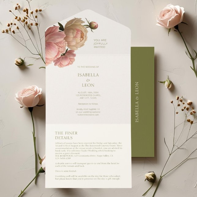 Elfenbein und Olivenöl | Blush-Rose-Hochzeit All In One Einladung (Von Creator hochgeladen)