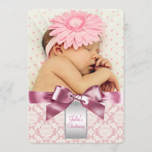 Elfenbein und rosa Damaske Baby Girl Foto Christen Einladung