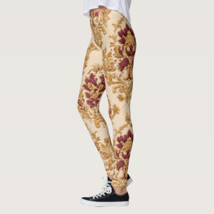Elfenbein vergoldeter floraler Damast Leggings
