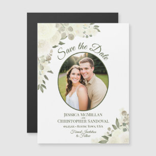 Elfenbein weiß floral Save-the-Date Oval-Foto-Magn Magnetkarte