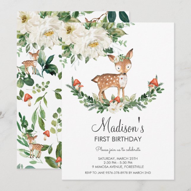 Elfenbein Weiße Blumenfrucht Fawn Woodland Geburts Einladung (Vorne/Hinten)