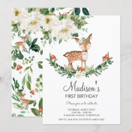 Elfenbein Weiße Blumenfrucht Fawn Woodland Geburts Einladung