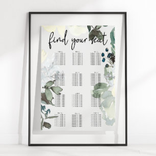 Elfenbein Weiße Rosen Florale Hochzeits-Sitzordnun Poster