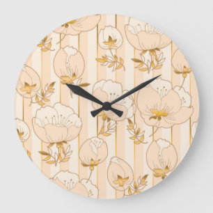 Elfenbeinbeige: Luxuriöses Blumenmuster. Große Wanduhr