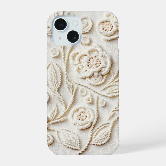 Elfenbeinbesticktes Blumendesign iPhone 15 Hülle (Rückseite)