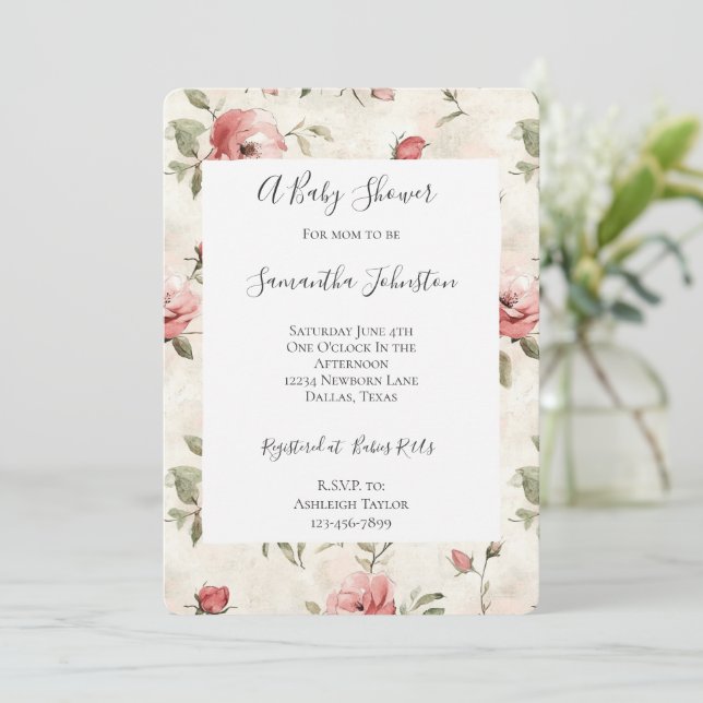 Elfenbeinblush Pink Roses Blumenspülung Einladung (Stehend Vorderseite)