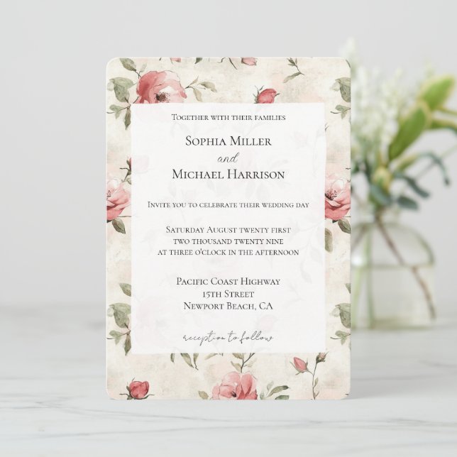Elfenbeinblush Pink Roses Blumenzehen Einladung (Stehend Vorderseite)