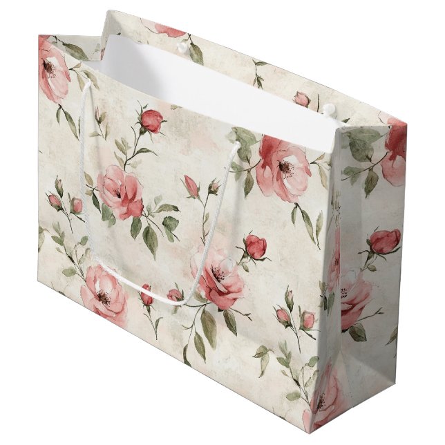 Elfenbeinblush Pink Roses Blumenzehen Große Geschenktüte (Vorderseite Schrägansicht)