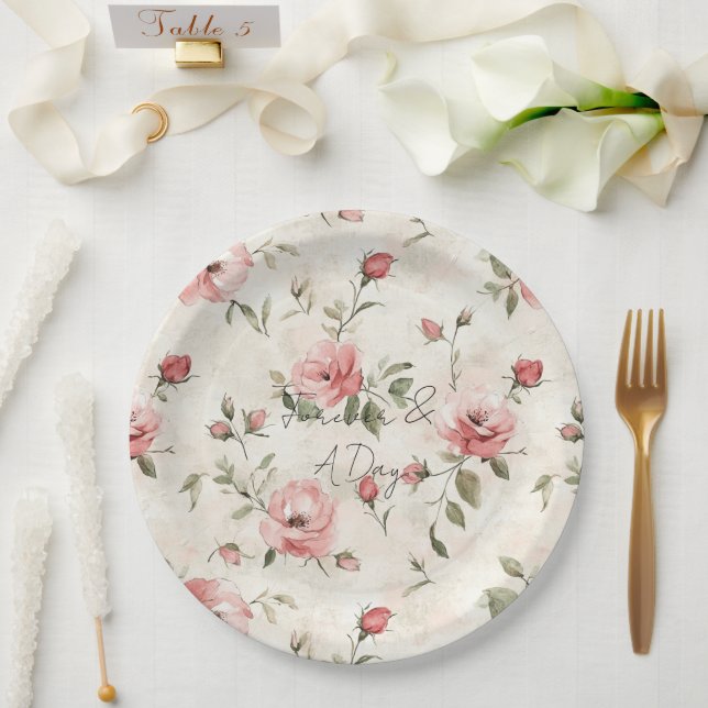 Elfenbeinblush Pink Roses Blumenzehen Pappteller (Hochzeit)
