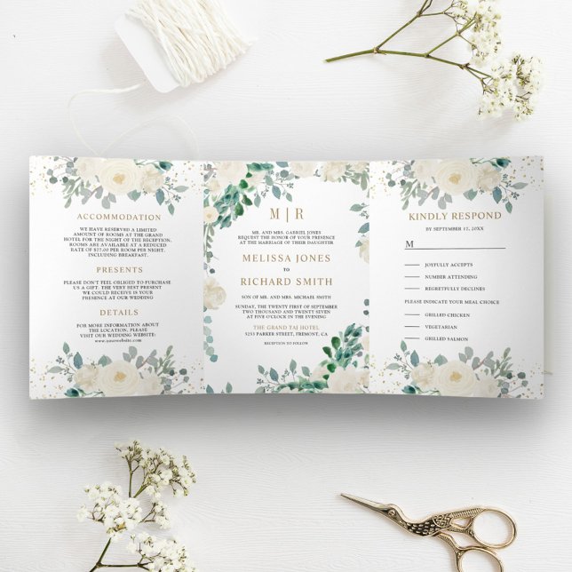 Elfenbeinblütengrün Blätter auf einer Hochzeit Dreifach Gefaltete Einladung (Von Creator hochgeladen)