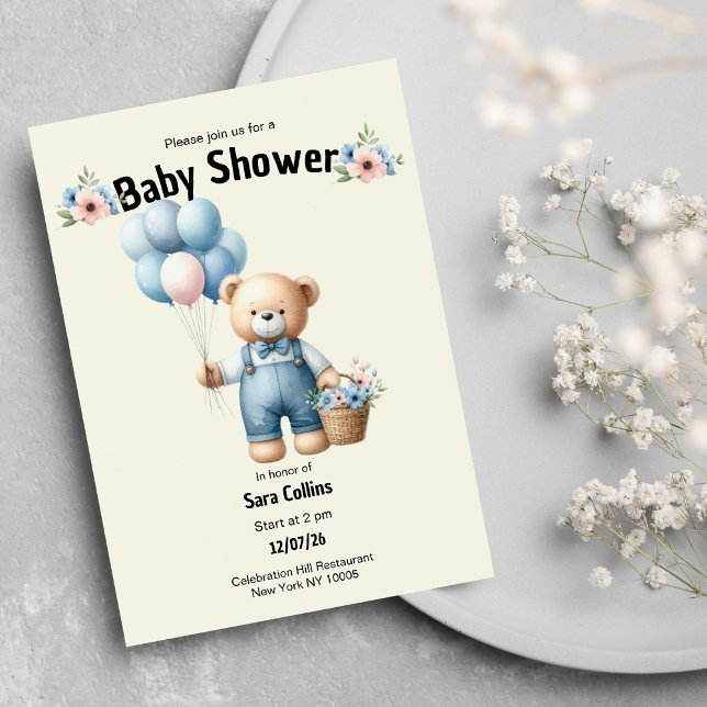 Elfenbeinbraun Bärenballons Blume Babydusche Einladung (Ivory brown teddy bear balloons flower Baby Shower)
