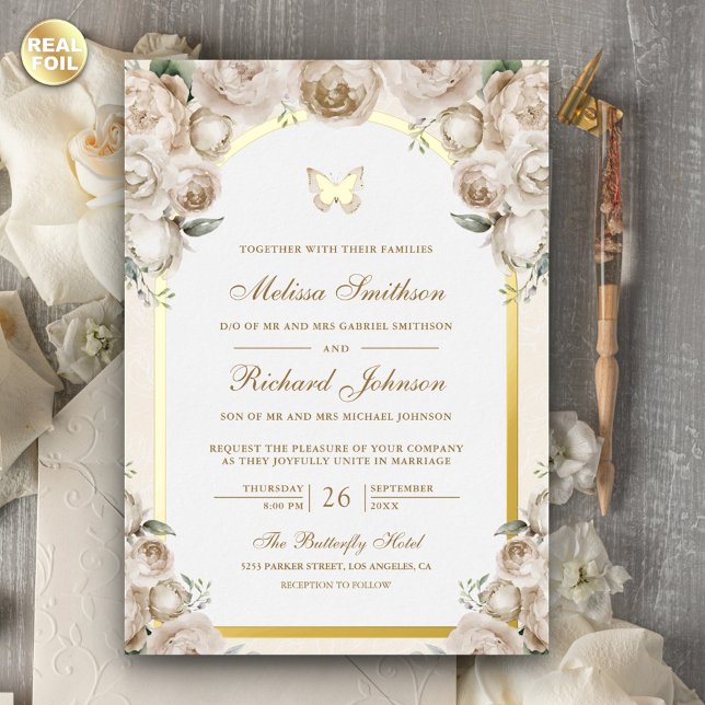 Elfenbeincreme-Arch-Schmetterling-Hochzeit Folieneinladung (Von Creator hochgeladen)