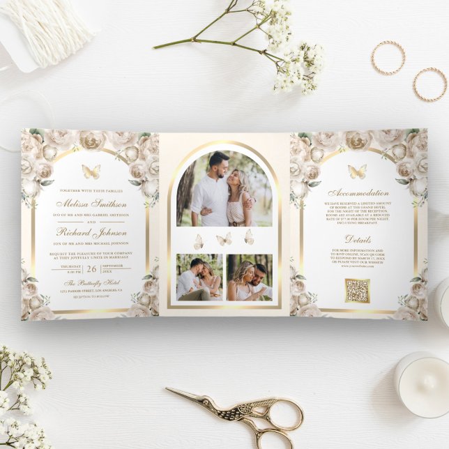 Elfenbeincreme-Flora-Gold-Arch-Butterfly-Hochzeit Dreifach Gefaltete Einladung (Von Creator hochgeladen)