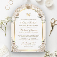 Elfenbeincreme-Flora-Gold-Arch-Butterfly-Hochzeit