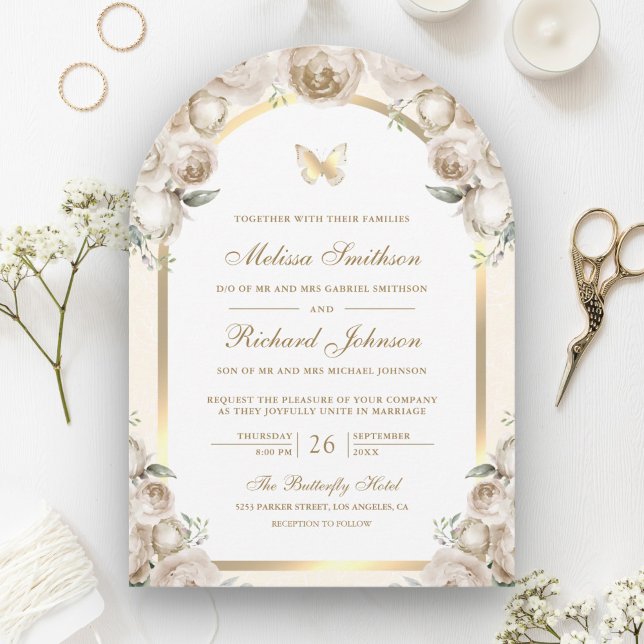Elfenbeincreme-Flora-Gold-Arch-Butterfly-Hochzeit Einladung (Von Creator hochgeladen)