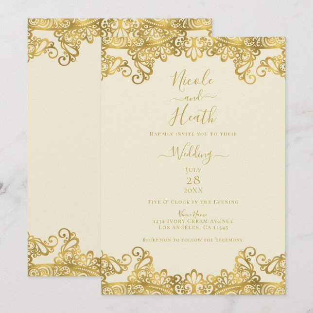 Elfenbeincreme & Goldene Spitze Elegante Hochzeit Einladung (Vorne/Hinten)