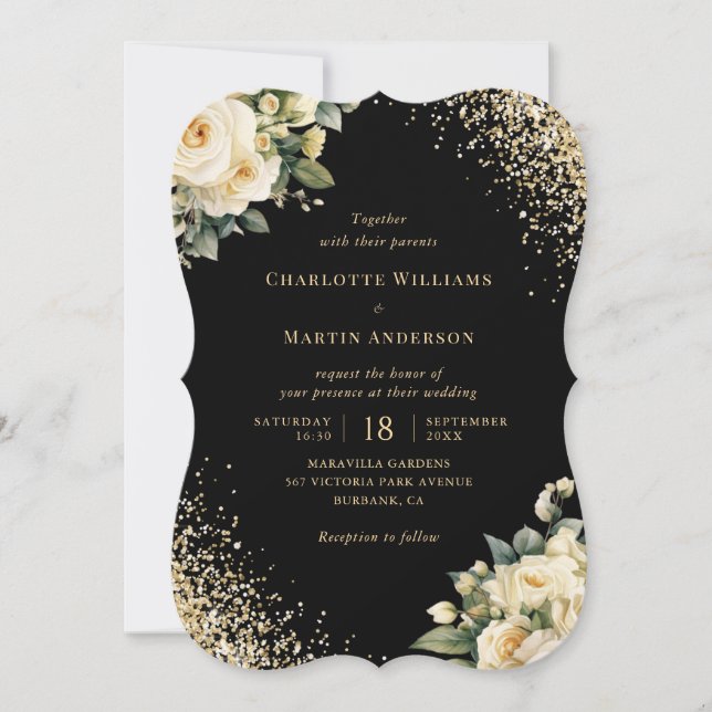 Elfenbeincreme-Rose Black Gold Floral Wedding Einladung (Vorderseite)