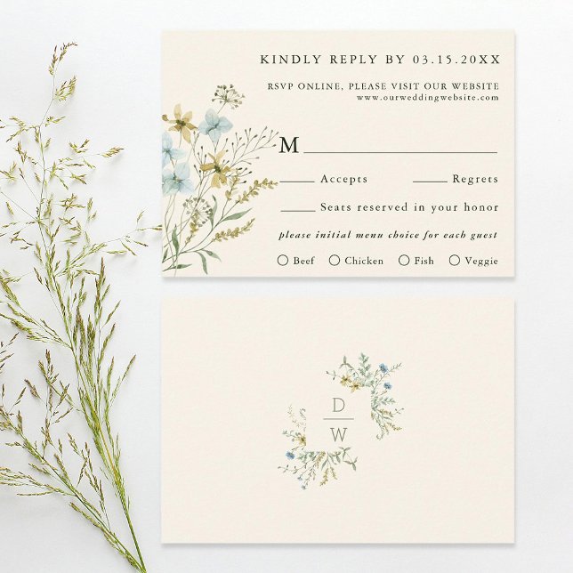 Elfenbeindelikate Wildblume Moderne Boho Wedding RSVP Karte (Front & Back)