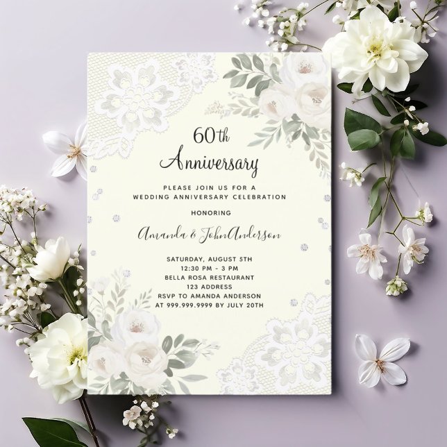 Elfenbeindiamanten-Florale 60. Hochzeitstag Einladung (Von Creator hochgeladen)