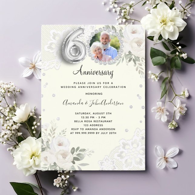 Elfenbeindiamanten-Florale 60. Hochzeitstag Einladung (Von Creator hochgeladen)